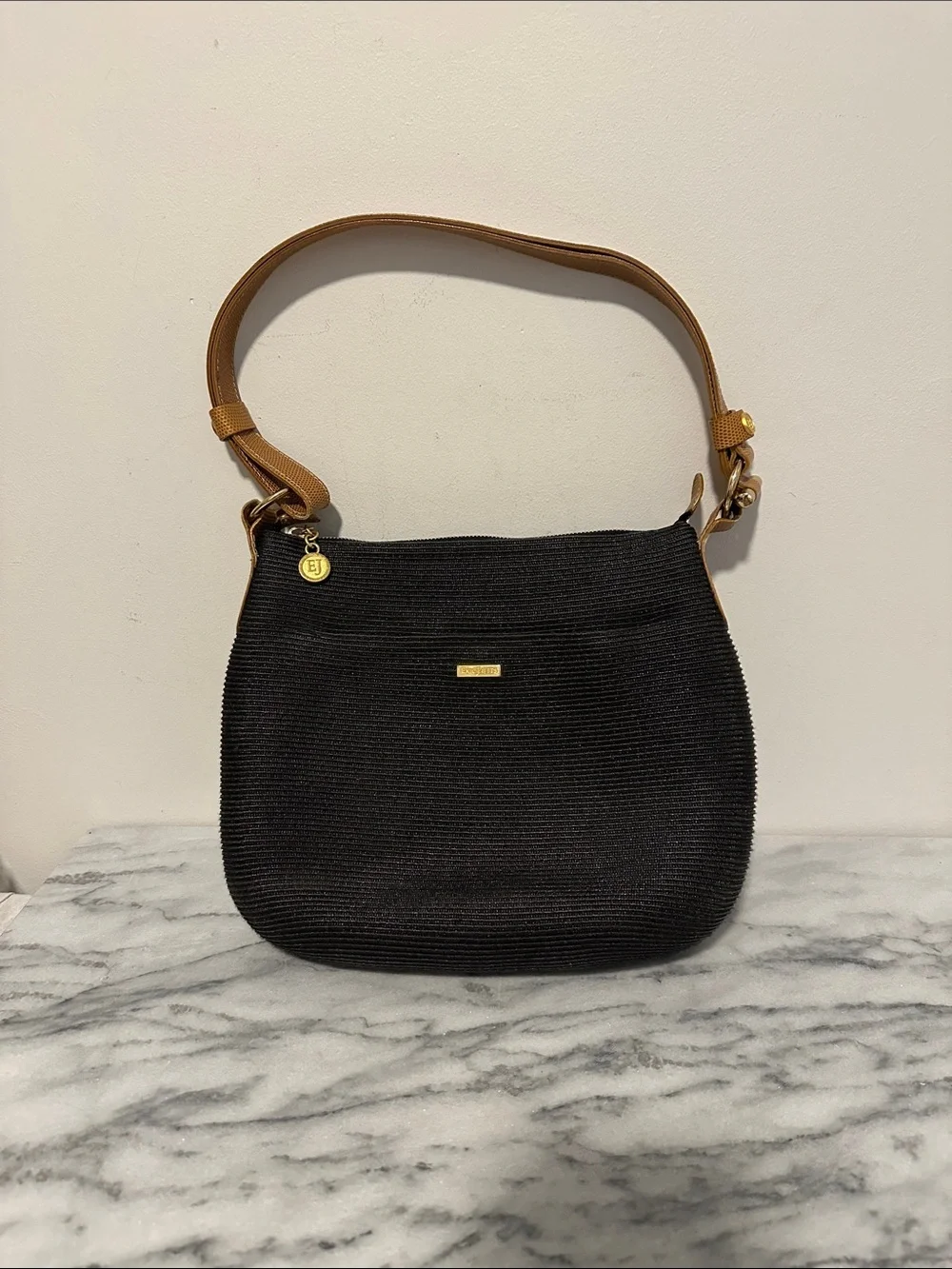 Erick Javits Black Shoulder Bag with adjustable Tan Strap